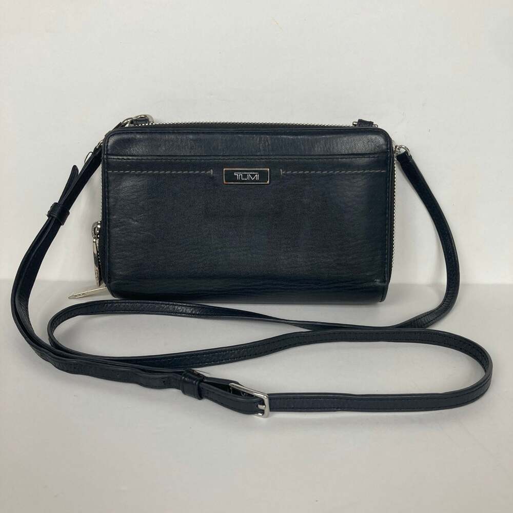 TUMI Dark Blue Leather Double Zip Organizer Crossbody Wallet Bag Purse